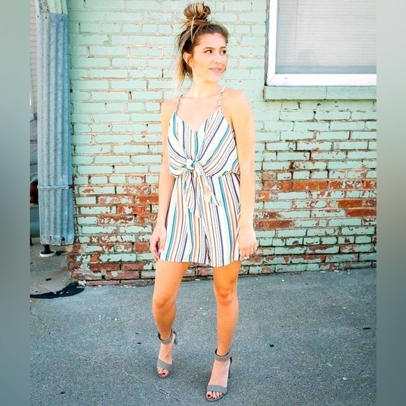 Mustard Seed Striped Front Tie Romper Size Large - Picture 1 of 6